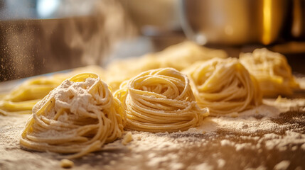 Celebrate National Spaghetti Day with freshly made pasta on a kitchen countertop