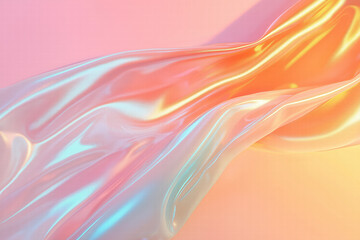 Obraz premium Abstract iridescent fabric with flowing waves on a pink and orange gradient background