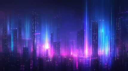 Futuristic digital cityscape with glowing lights in blue and purple tones, no shadow
