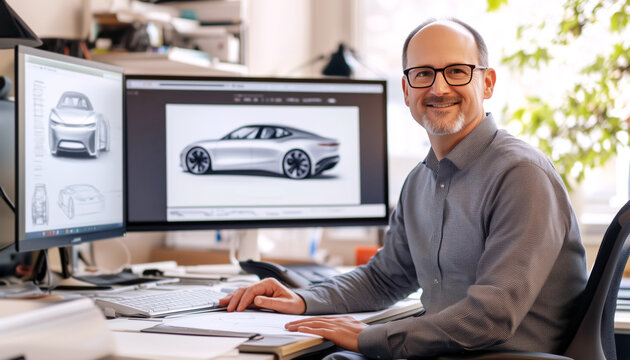 Professional automotive designer working in modern car design studio. Advanced digital tools and elegant car design sketches on screens highlight innovation, balancing usability and aesthetics