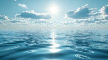 A serene ocean landscape under a bright sun, with gentle waves and fluffy clouds reflecting on the water's surface.