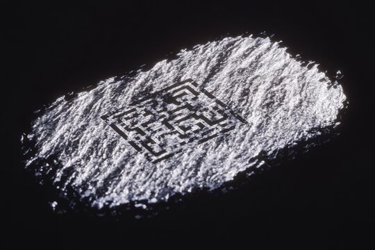 A 3D-rendered identity card with holographic elements and a glowing QR code, floating above a futuristic table