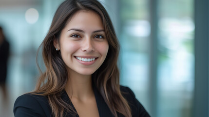 Fototapeta premium Headshot close up face portrait of young happy smiling Hispanic businesswoman, female company worker or corporate manager, confident business woman entrepreneur looking at camera at work in office