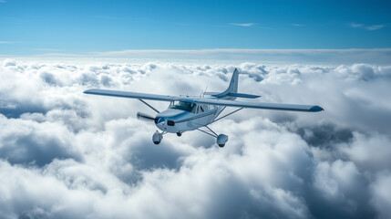 An airplane soaring above a thick layer of fluffy white clouds, with a clear blue sky above