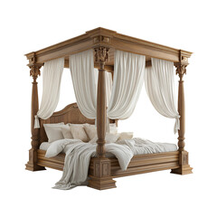 Wooden four-poster canopy bed with drapes, pillows, and bedding png isolated on transparent background