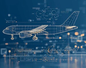 Blueprint of an aircraft on digital backdrop.