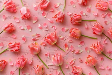 pink tulip petals scattered on a smooth pastel pink surface top view. MZ