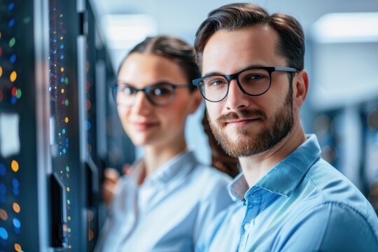 Two professionals with glasses stand in a technology environment, showcasing a collaborative atmosphere in a modern workspace.