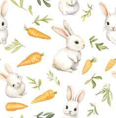A seamless pattern of watercolor rabbits and carrots, easter pattern
