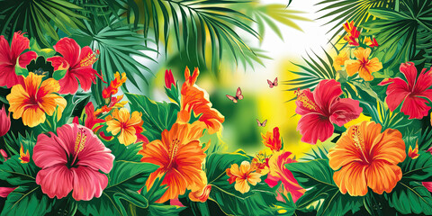 Vibrant Hibiscus Flowers Lush Tropical Foliage Butterflies Summer Bloom Exotic Plants Floral Design