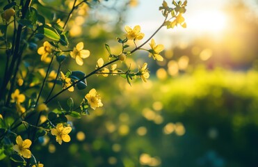 Delicate Yellow Flowers Against a Soft Sunlit Background Creating a Serene and Tranquil Atmosphere in Nature's Beautiful Garden Scene
