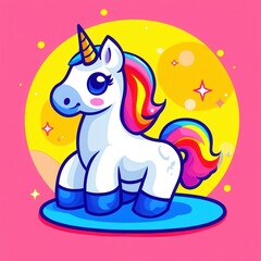 A cute cartoon vector of a playful unicorn with a rainbow mane, surrounded by sparkling stars, on a soft pastel pink and blue gradient background for a magical and dreamy design. 