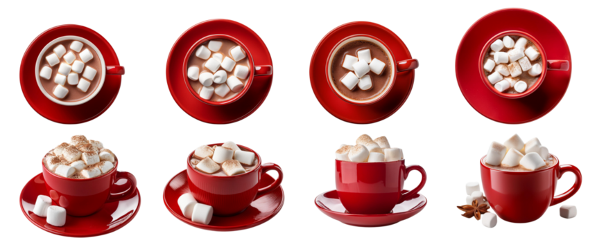 Delicious hot chocolate in red cups topped with fluffy marshmallows, perfect for winter.
