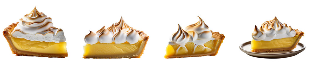 Delicious slices of lemon meringue pie, creamy filling topped with fluffy meringue.