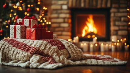 Cozy Christmas scene with gifts and warm fireplace