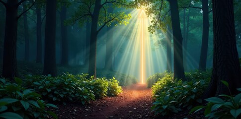 Naklejka premium Arrow of light illuminates path through forest darkness, mystical, forest