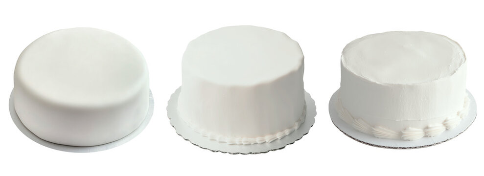 Set of isolated mockup of three white plain cake placing on a cake paper board on a transparent background.