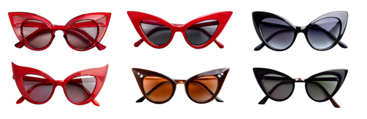 Stylish cat-eye sunglasses in red, tortoise, and black hues, perfect for summer fashion.