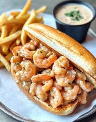 Delicious Shrimp Sandwich Served with Crispy French Fries and Savory Dipping Sauce in a Casual Dining Setting