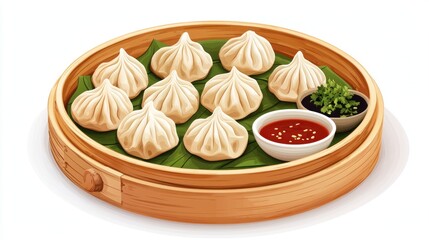 Delicious Traditional Chinese Dumplings in Bamboo Steamer with Dipping Sauces - 2D Flat Illustration