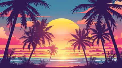 Tropical Palm Tree Sunset Typography Slogan Illustration