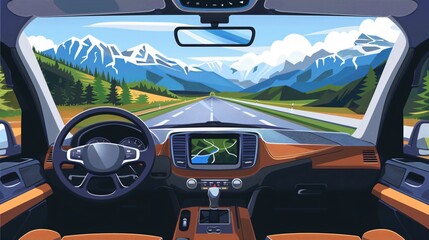 Modern Vehicle Interior with Driver View, Rudder, and Dashboard