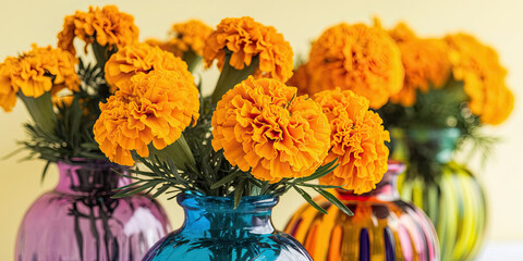 Obraz premium Vibrant Orange Marigolds in Colorful Glass Vases
