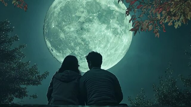Couple gazing at a full moon in a tranquil outdoor setting during nighttime