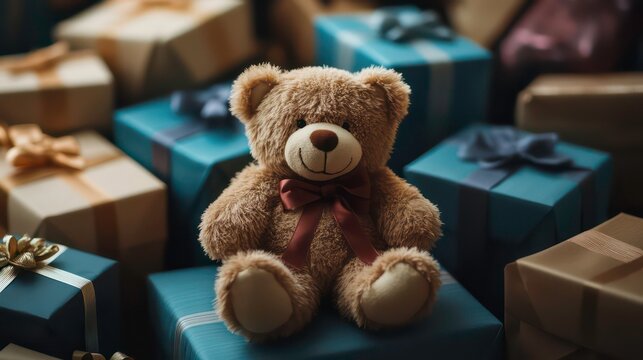 A collection of gift boxes with a plush teddy bear in the center, celebrating Safe Toys Month