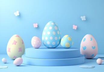 Abstract blue background with Easter eggs and a podium for product presentation