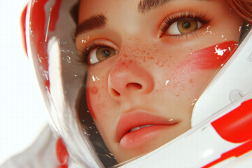 Close-up of a woman in a space helmet with red paint on her cheek and freckles