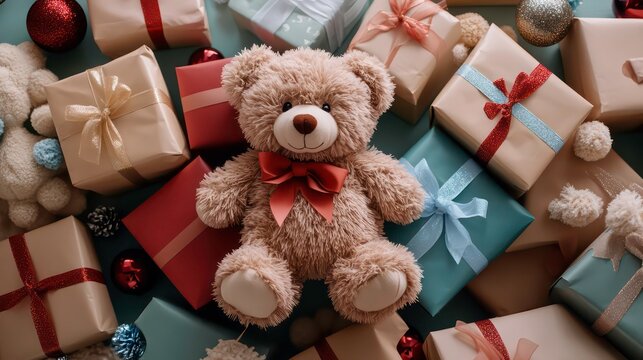 A collection of gift boxes with a plush teddy bear in the center, celebrating Safe Toys Month