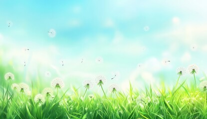 Obraz premium Dreamy Meadow Scene with Delicate Dandelion Fluff Floating in Gentle Breeze against a Soft Blue Sky and Vibrant Green Grass