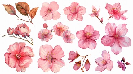 Elegant Watercolor Vintage Pink Flowers Set Isolated Vector