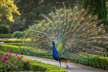 Obraz premium Majestic peacock displaying vibrant plumage in a lush garden.