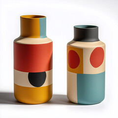 Fototapeta premium Two colorful vases standing on white background representing modern art and design