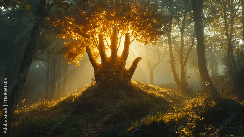 Aufkleber enchanted forest tree with hand-shaped branches illuminated by sunrise