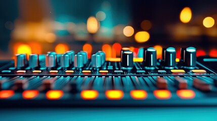 Fototapeta premium Close-up of a music mixer with colorful lights and controls in a studio setting.