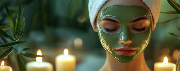 woman relaxes with green tea infused face mask in serene spa setting, surrounded by candles and bamboo. calming atmosphere enhances her rejuvenation experience