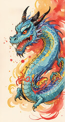 A drawing of a blue dragon with red and yellow flames.