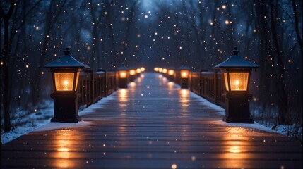 Snowy path illuminated by lanterns in winter evening