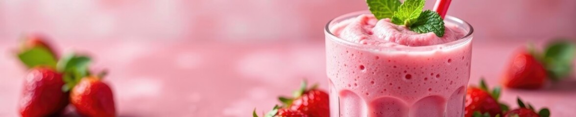 Pink strawberry milkshake, fresh berries & mint , healthy, fruity, sweet