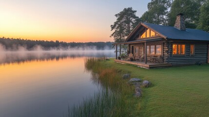 Obraz premium Sunrise over tranquil lake with lakeside log cabin.