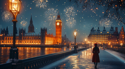 Obraz premium A woman in traditional British attire near Big Ben during London New Year celebrations with fireworks in the night sky