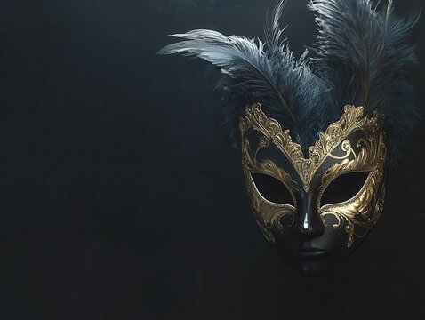 Elegant black and gold masquerade mask adorned with delicate feathers, capturing the essence of mystery and sophistication for themed events and dramatic performances