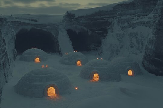 A drone view of an igloo resort, with multiple glowing igloos forming a circular pattern in a snowy Arctic valley