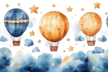 Obraz premium Watercolor Hot Air Balloons in a Dreamy Sky, Perfect for Nursery Decor