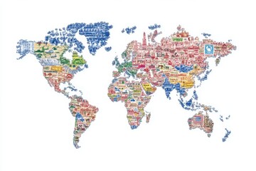 Fototapeta premium A flat 2D design of a passport surrounded by stamps, representing global identity and travel freedom