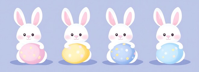 Cute Easter bunnies with eggs, in pastel colors blue background, vector illustration