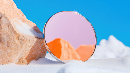 Abstract landscape with a round mirror reflecting orange mountains in a snowy environment.